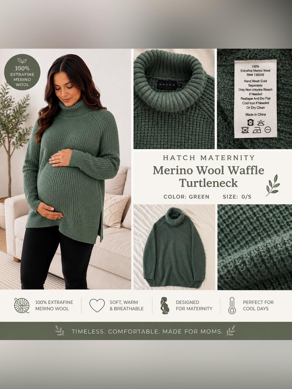 Hatch Maternity Merino Wool Waffle Turtleneck